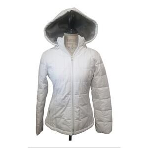 ESPRIT Outerwear Down Feather White Puffer Zip Up Jacket Removable Hoodie Pocket